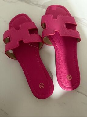 Women's Bright Pink Slide Sandals with Wide Cross Strap